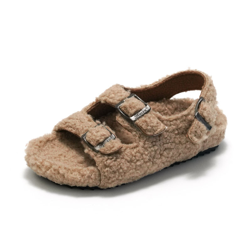 Fleece-lined Children Cork Sandals Woolen Slipper