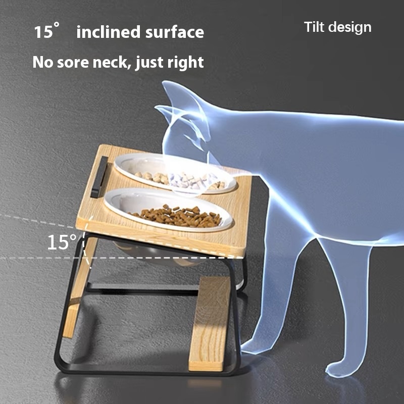 Ceramic Double Bowl Pet Water Feeding Bowl Protect Cervical Spine Cat Food Holder