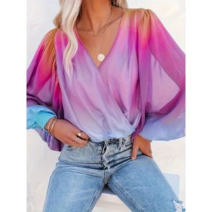 Womens V Neck Gradient Color Long Sleeve Tops 2025 Summer Casual Loose Puff Sleeve Chiffon Shirts