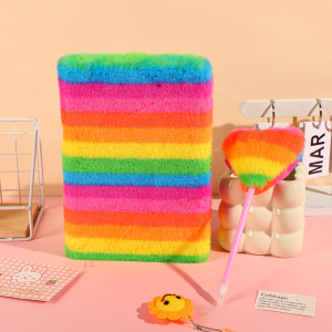Rainbow Plush Notebook A5 Diary Can Be Used For Study And Office, Suitable For Gifts For Girls, Cute, Princess Style, Back To School Season, LGBT-1 Set