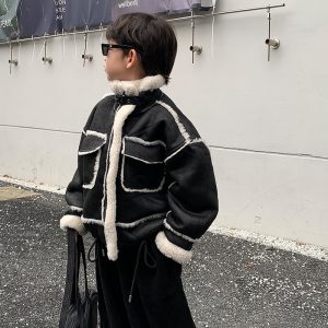 Boy's Leather Jacket Fleece Padded Coat Autumn And Winter Clothing