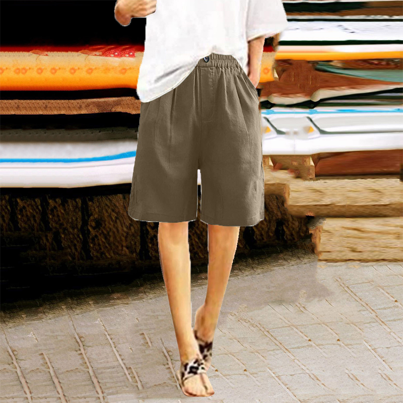 Women's Casual High Waist Loose Fit Solid Color Shorts - Button & Elastic Waist With Pockets, Comfortable Summer Shorts