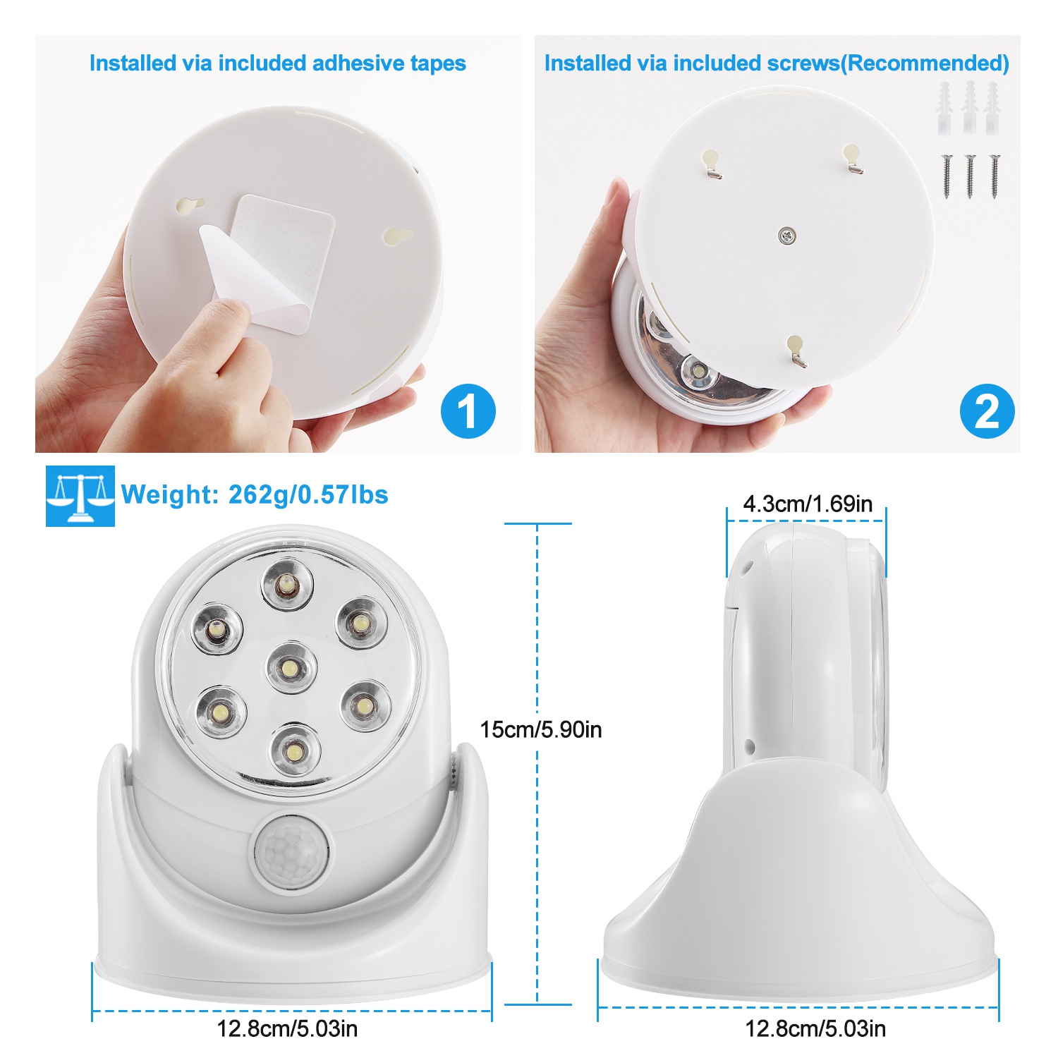 1Pc Wireless LED Spotlight Night Lamp 360 Degree Rotatable With 90 Degree Motion Sensor Battery Operated With 23ft Sensing Range For Closet Bathroom