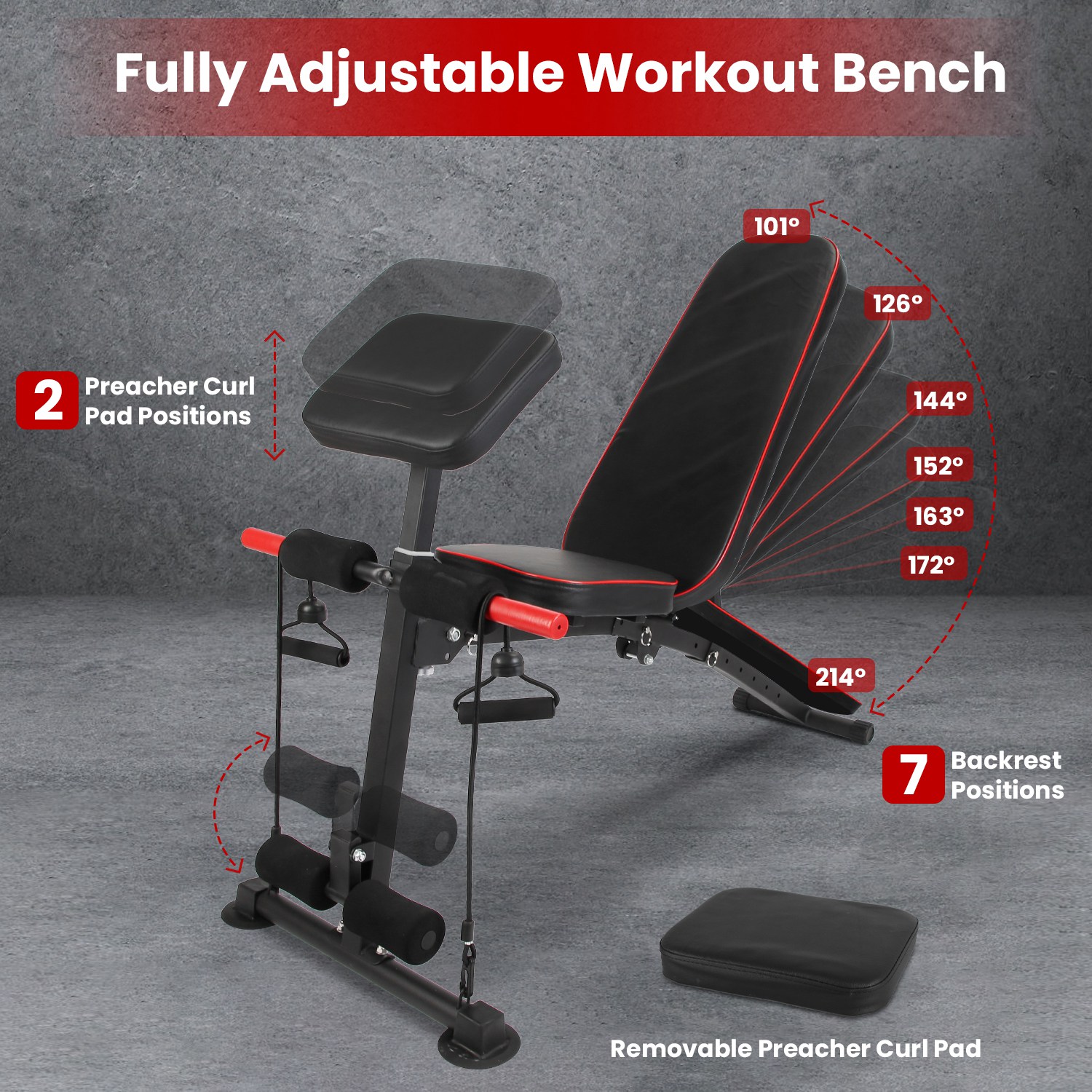1Pc Adjustable Weight Bench With Preacher Curl Pad Resistance Bands Leg Extension For Home Gym Full Body Exercise Fedex Shipping