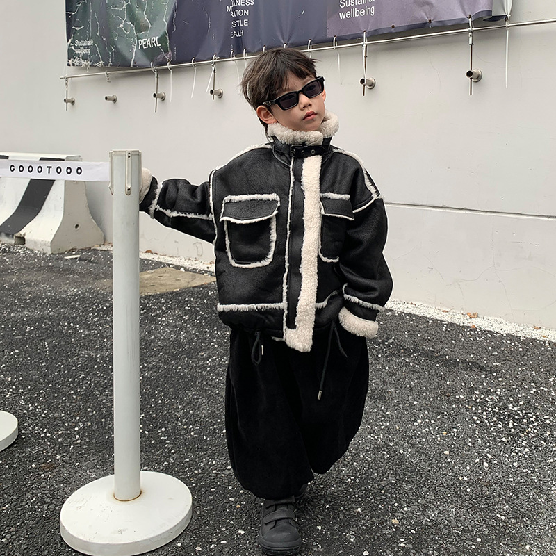 Boy's Leather Jacket Fleece Padded Coat Autumn And Winter Clothing