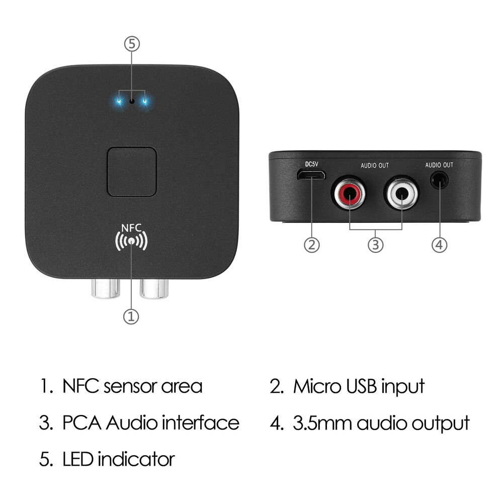 AUX Cinch Buchse Hifi Wireless Audio Adapter NFC Bluetooth 5.0 Empfanger 3.5mm