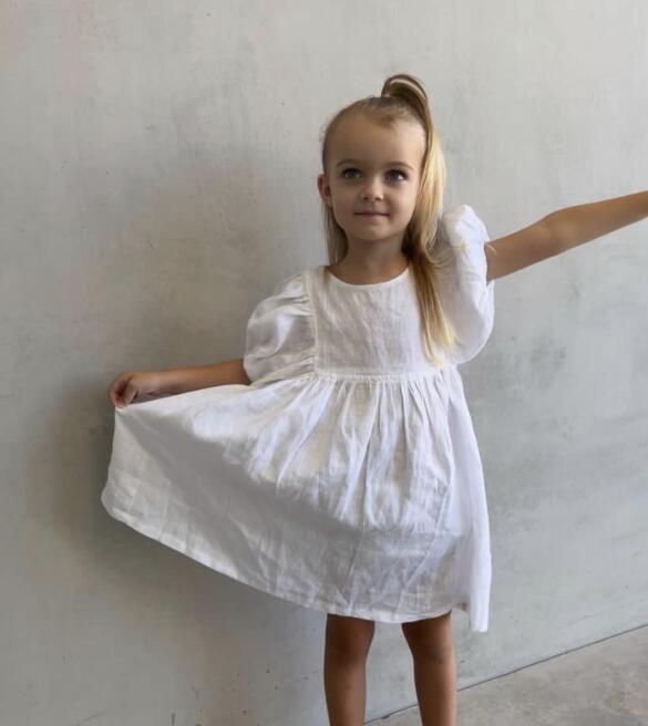 Cotton And Linen Girl Puff Sleeve Dress