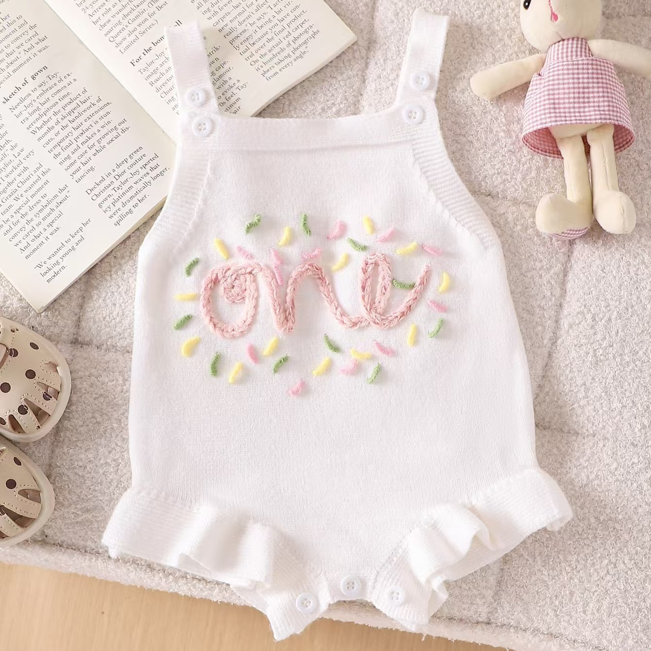 Embroidered Slip Top Sweater Ruffled Romper