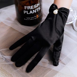 Black Satin Short Pearl Gloves