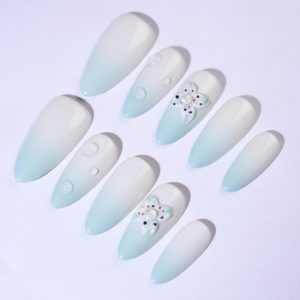 Gender Neutral Press On Nails White - Blue Gradient With 3D Flowers & Pearls In Stiletto Shape