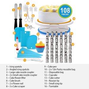 1 Set 11in Rotating Cake Turntable 108Pcs Cake Decorating Supplies Kit Revolving Cake Table Stand Base Baking Tools