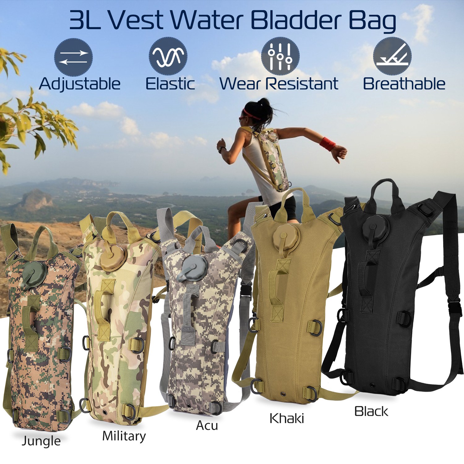 1Pc 3L Tactical Hydration Pack Water Bladder Adjustable Water Drink Backpack For Hiking Cycling Climbing Running
