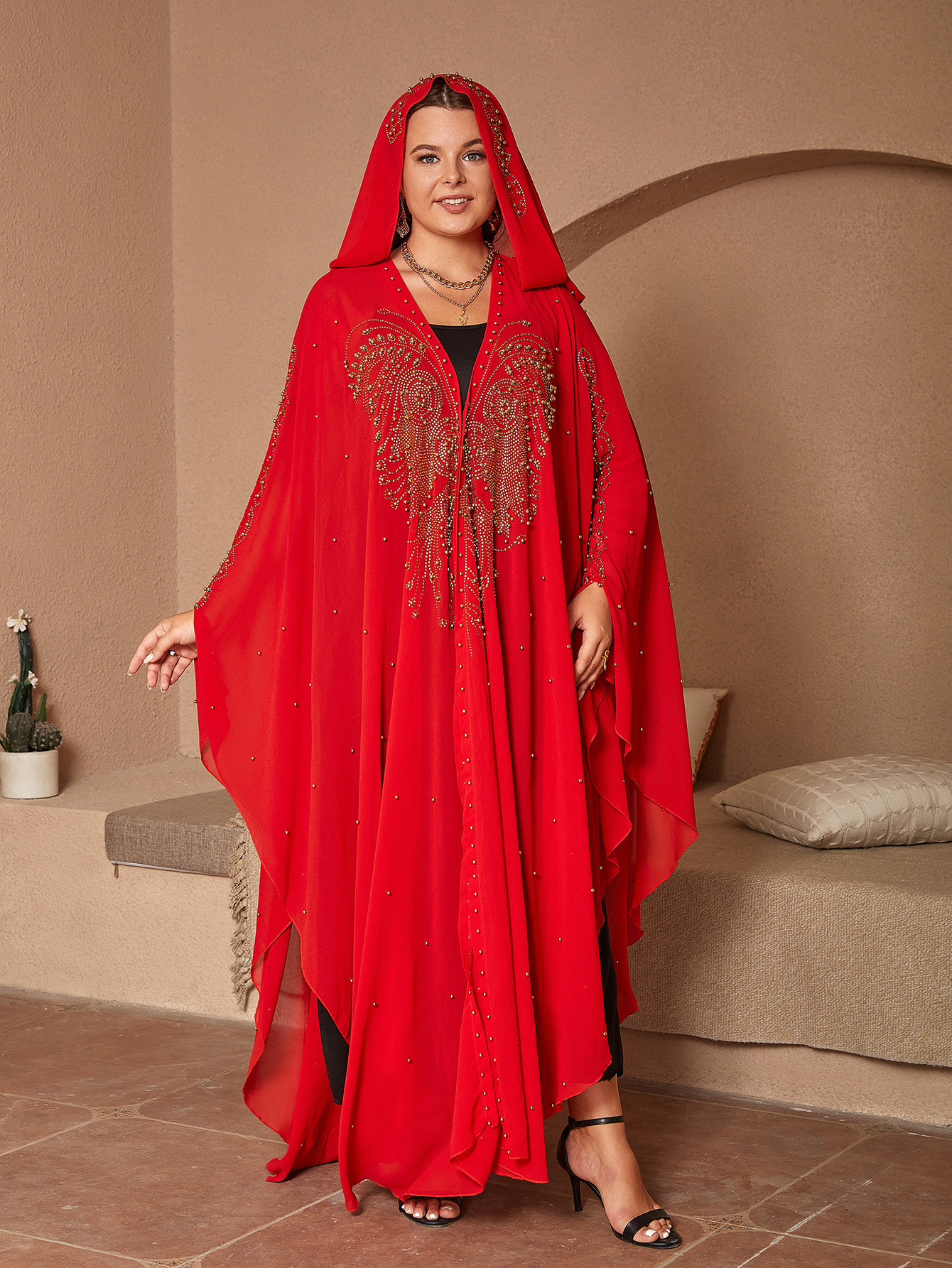 Muslim Style Rhinestone Beaded High Density Chiffon Cape And Shawl