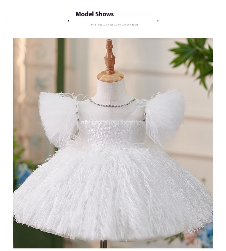Girls Sequins White Flying Sleeves Feather Dress