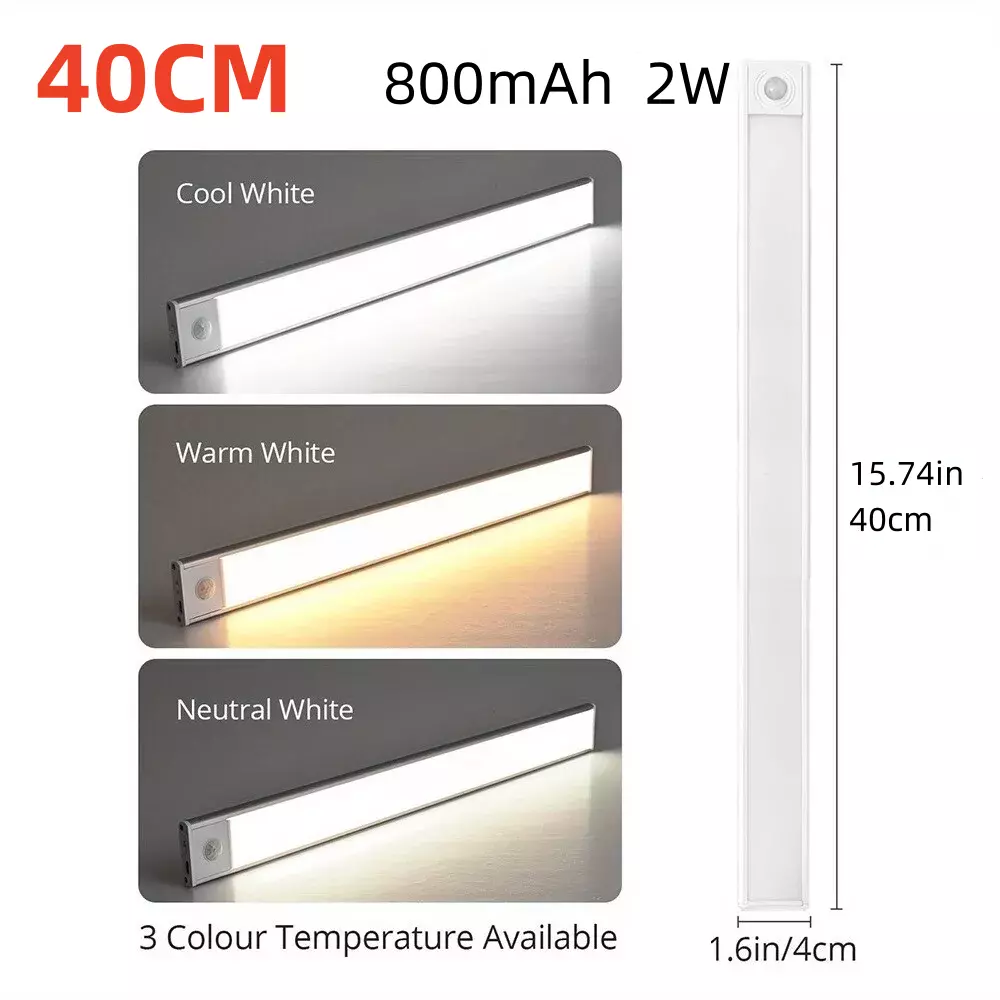 40-60-80cm LED PIR Motion Sensor Strip Light USB Rechargeable Cabinet Closet Lamp
