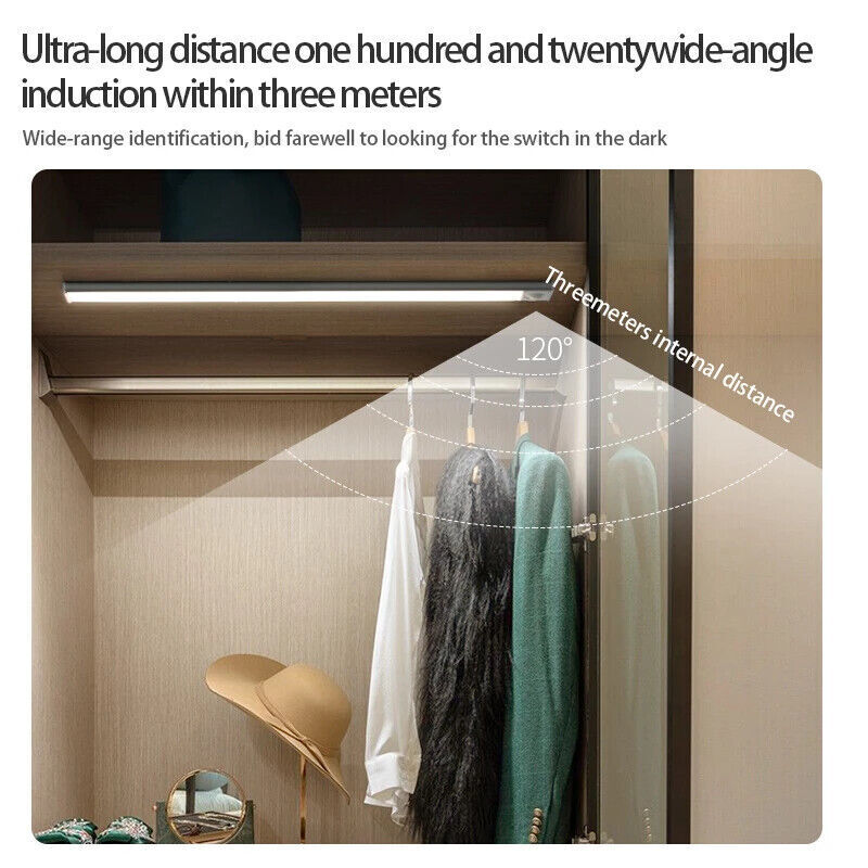 40-60-80cm LED PIR Motion Sensor Strip Light USB Rechargeable Cabinet Closet Lamp