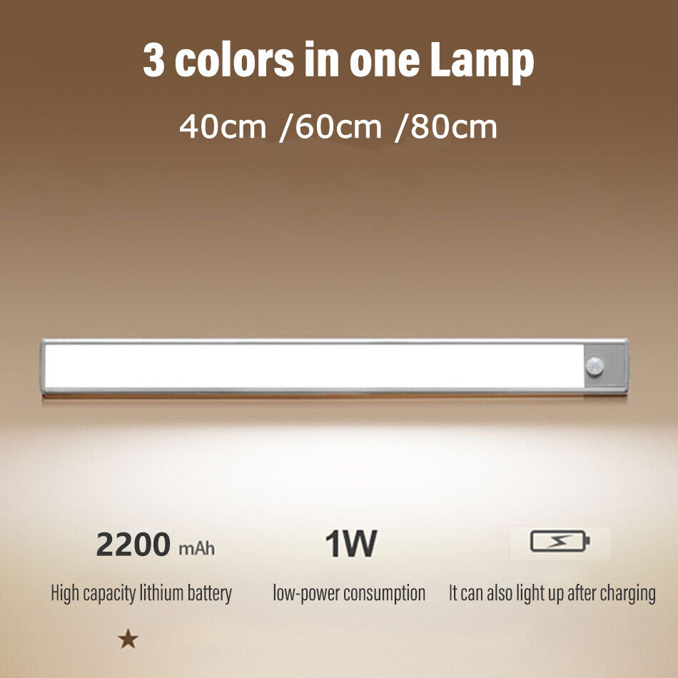 40-60-80cm LED PIR Motion Sensor Strip Light USB Rechargeable Cabinet Closet Lamp