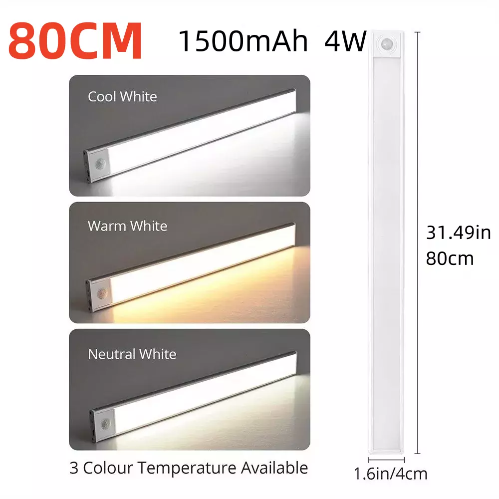 40-60-80cm LED PIR Motion Sensor Strip Light USB Rechargeable Cabinet Closet Lamp