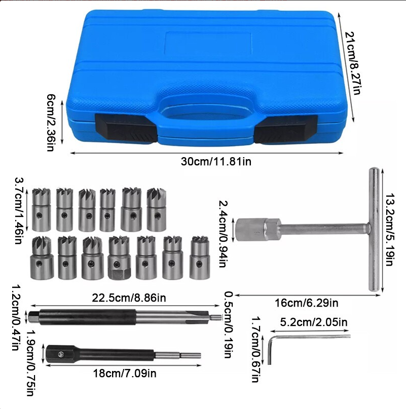 17Pcs Universal Injector Seat Cutter Cleaner Tool Carbon Remover Set Kit