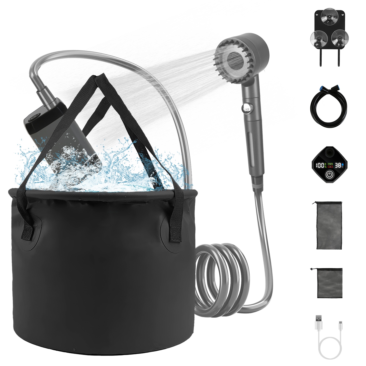 1Pc Portable Shower For Camping Include IPX7 Waterproof 6000mAh Rechargeable Shower Filtered Shower Head 5.3Gallon Foldable Bucket For Hiking Beach Travel Car Pet