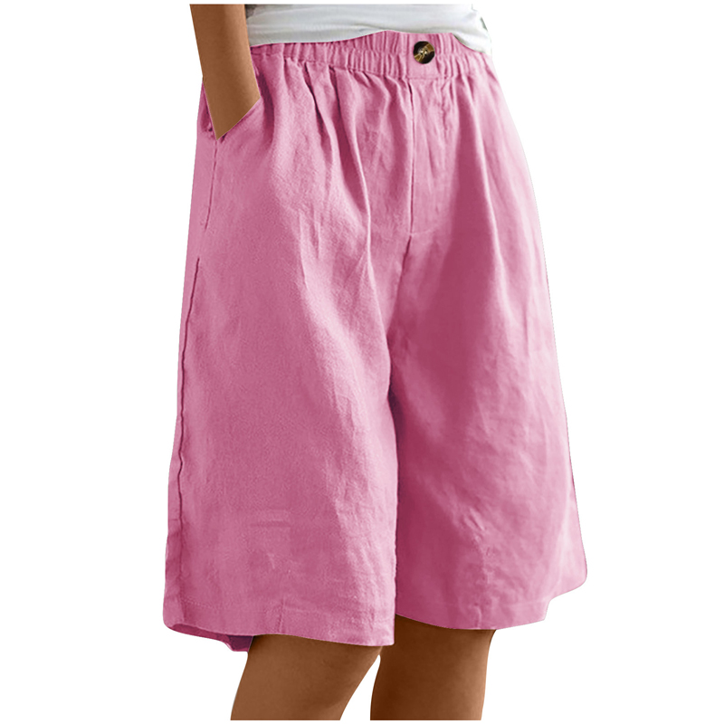 Women's Casual High Waist Loose Fit Solid Color Shorts - Button & Elastic Waist With Pockets, Comfortable Summer Shorts
