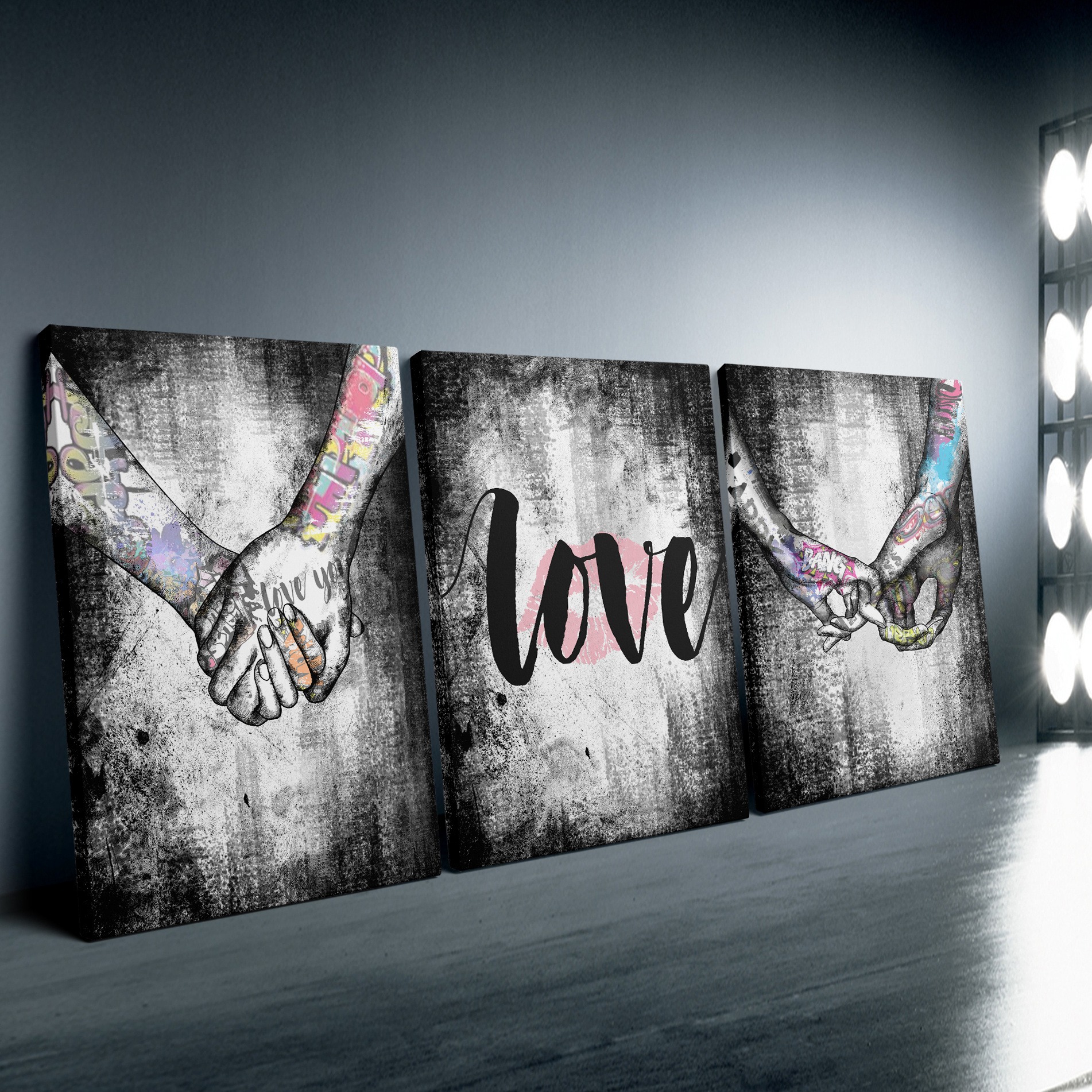 3pcs Canvas Hand In Hand And Love Theme Framed Poster, Creative Wall Art For Bedroom, Office, Living Room, Cafe, Bar, Wall Decor, Home And Dormitory Decoration