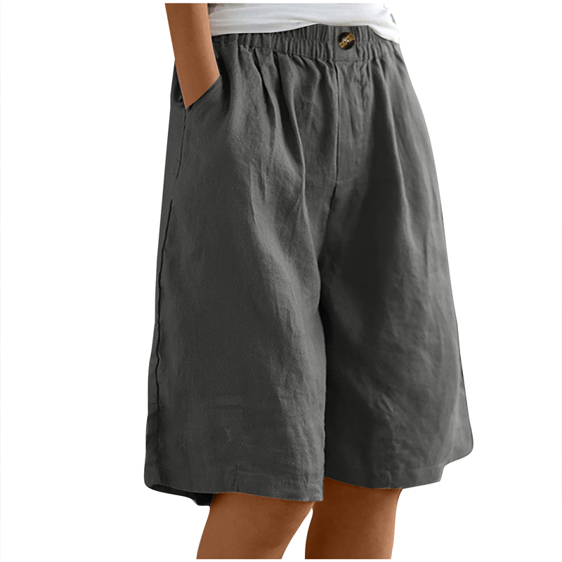 Women's Casual High Waist Loose Fit Solid Color Shorts - Button & Elastic Waist With Pockets, Comfortable Summer Shorts
