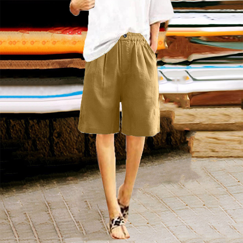 Women's Casual High Waist Loose Fit Solid Color Shorts - Button & Elastic Waist With Pockets, Comfortable Summer Shorts