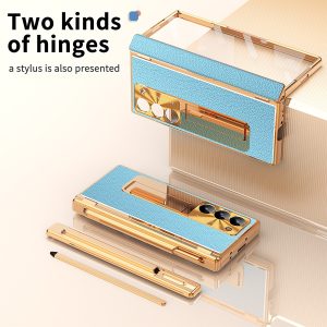 All-inclusive Electroplating Plain Leather Double Hinge Phone Case Hard Case With Pen Slot