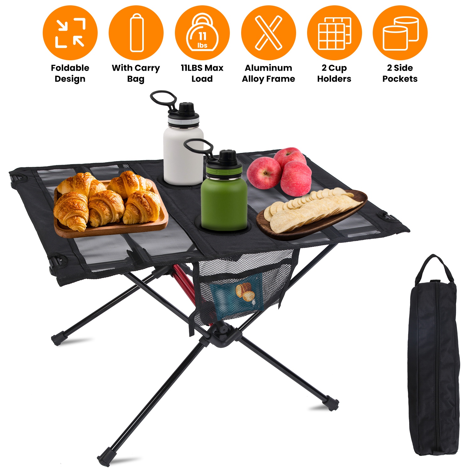 1Pc Portable Folding Camping Table Foldable Beach Table Aluminum Alloy Frame With 2 Cup Holders 2 Side Pockets Carry Bag For Picnic Camping Hiking Beach BBQ