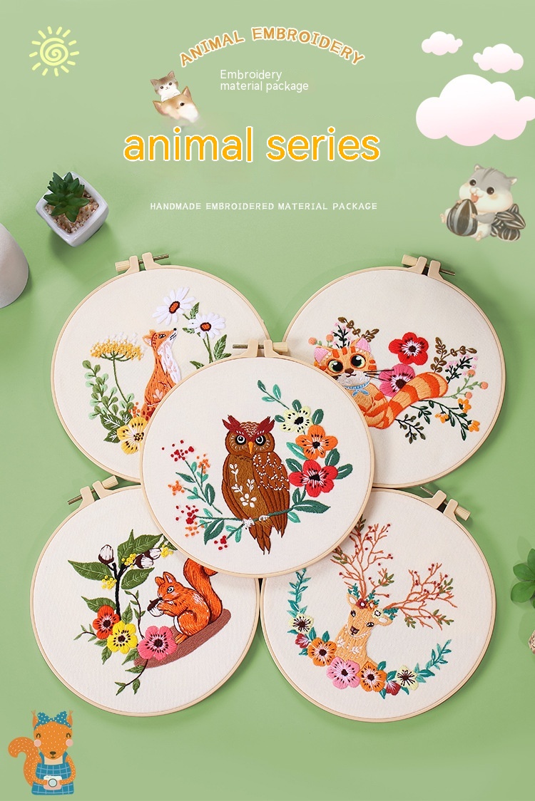 Handmade Embroidery Material Package Squirrel Owl Fox Cat Elk