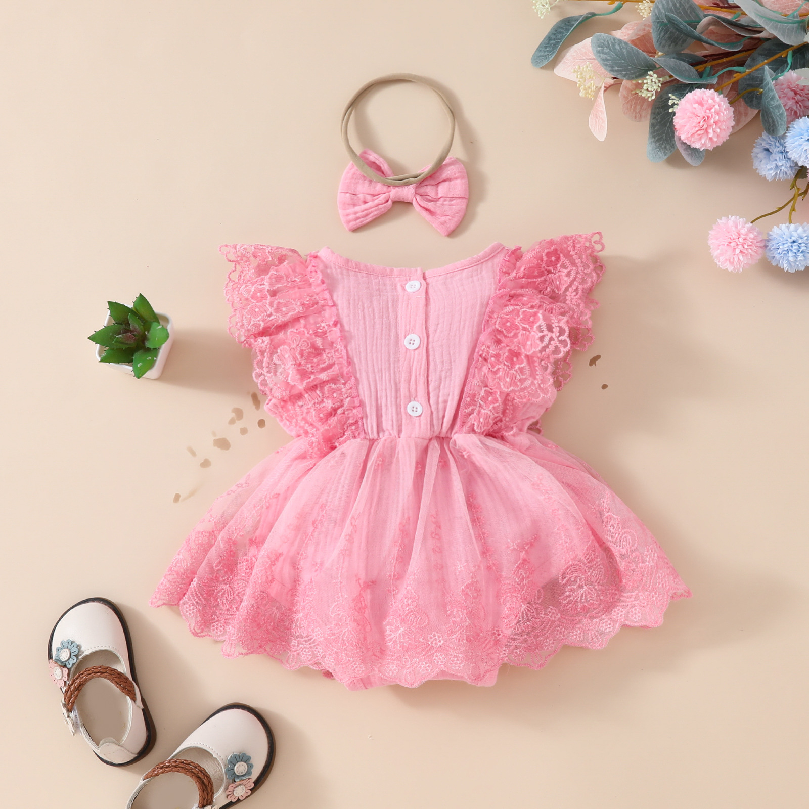 2024 Summer Baby Girl Sweet Sleeveless Lace Triangle Rompers Mesh Lace Flower Dress