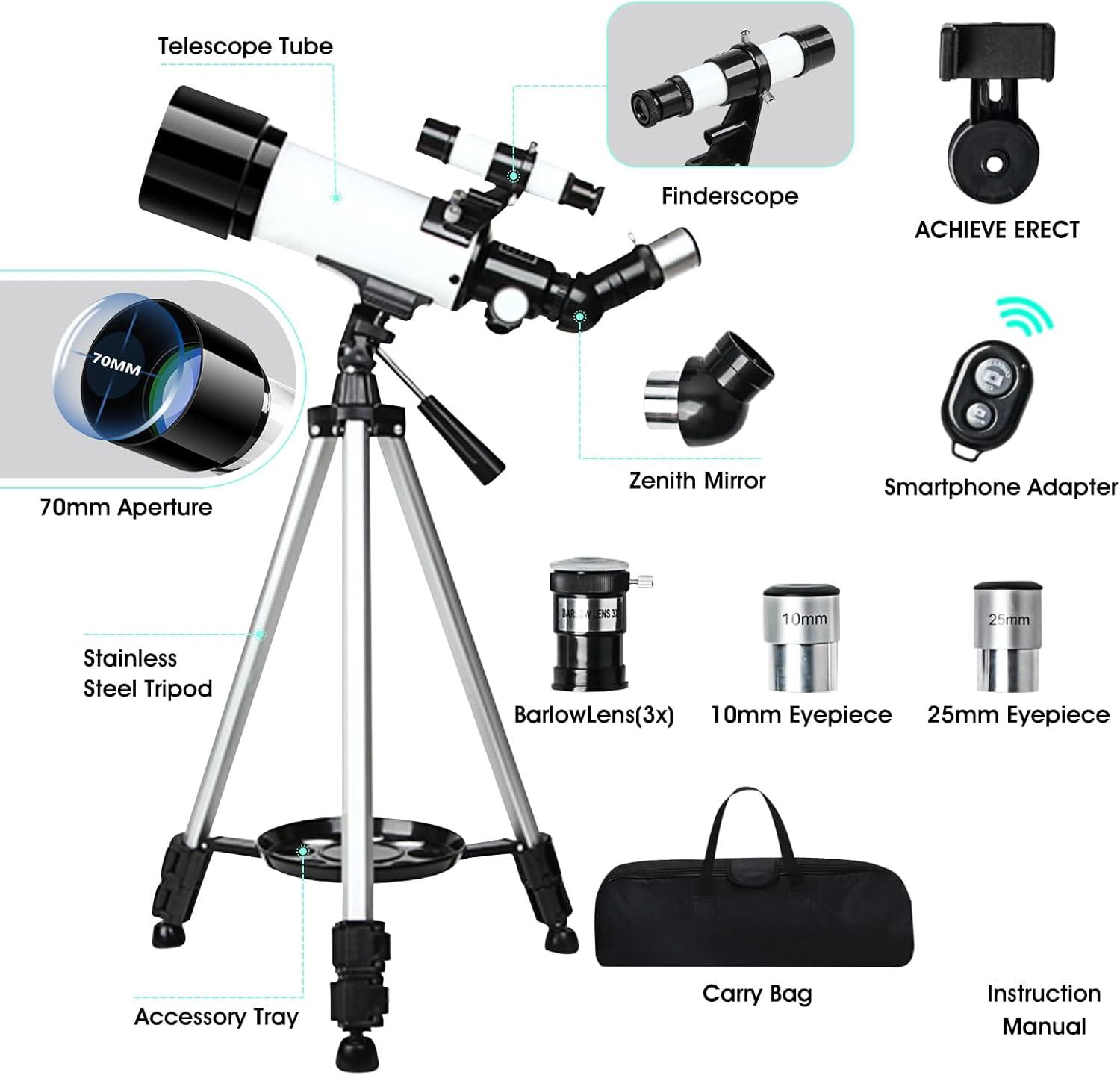 Astronomical Refracting Telescope Suitable For Children, Adults And Beginners, Multi-coated And Wireless Remote Control