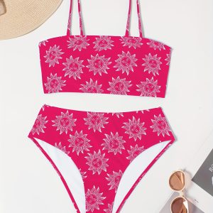 Women's Large-size Bikini Set With Random Prints - Sunflower Pattern - Swimsuit Set For Vacation Style.