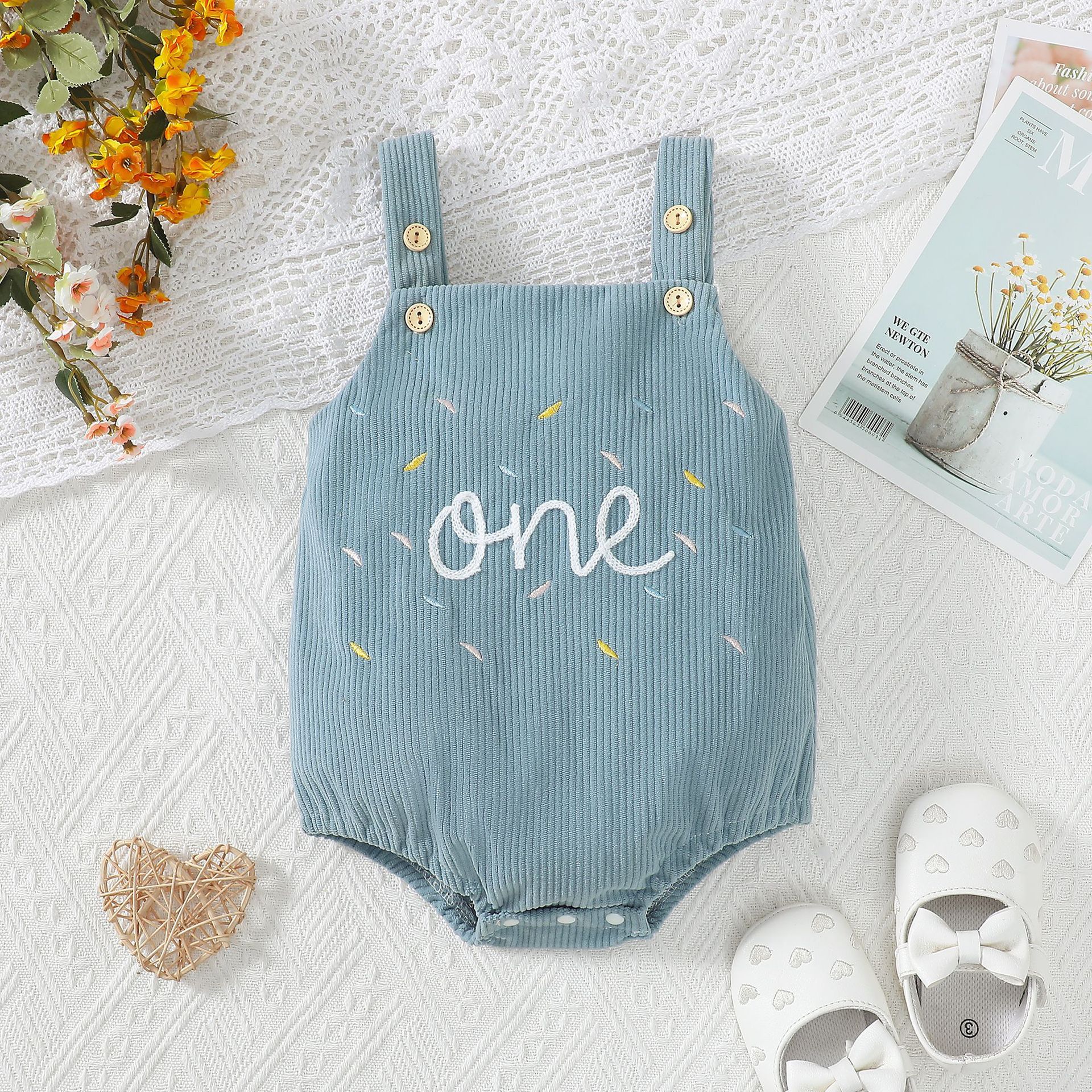 Cute One-year-old Towel Embroidery-strap Corduroy Romper