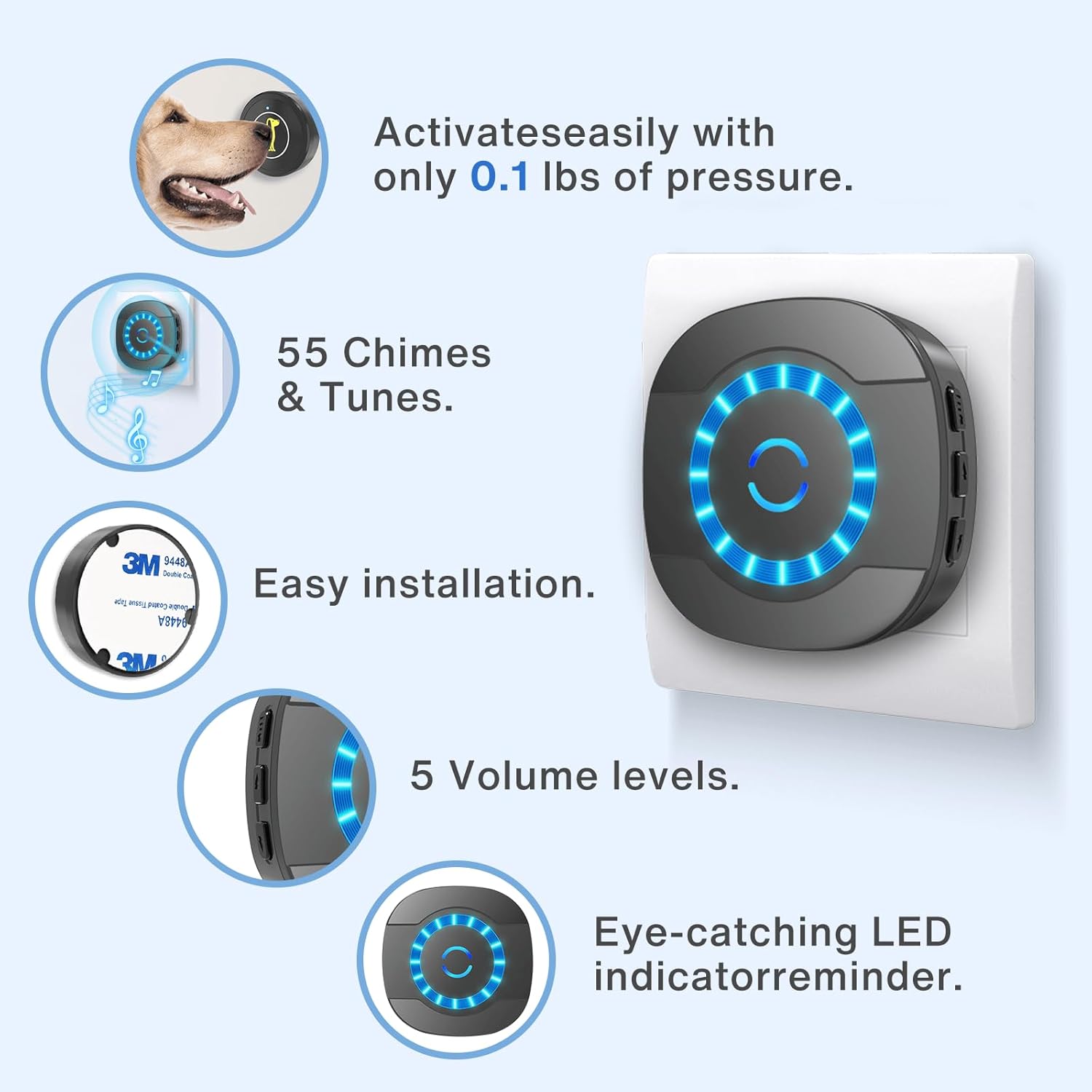 Dog Door Bell, Dog Bell For Training Doggie Door Bell For Dog Puppy Training Sliding Door,Go Outside Doorbell And Waterproof Touch Button