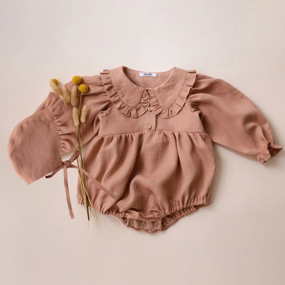 Cotton And Linen Romper Hat Baby Lace Collar Onesie