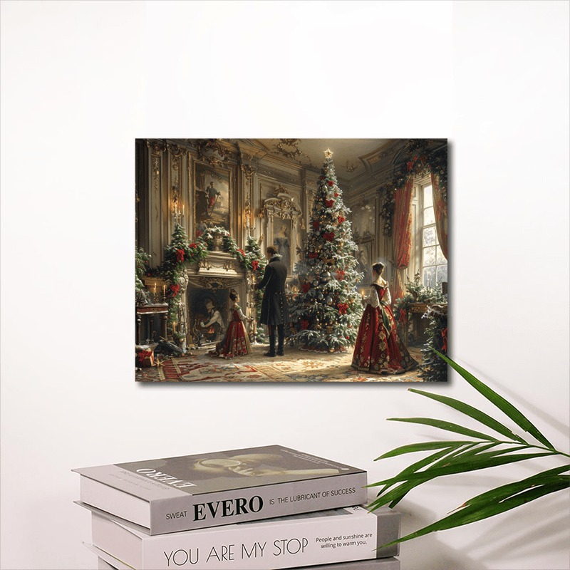 1 Canvas Painting With Wood Frame, Ready To Hang, Victorian Christmas Tree Light Scene - Woven Fiberboard Wall Art, Waterproof Framed Canvas - Holiday Decorations For Thanksgiving, Christmas, Hallowee