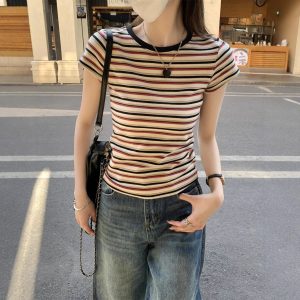 Contrast Color Striped Round Neck Short Sleeve Women's Shoulder Top