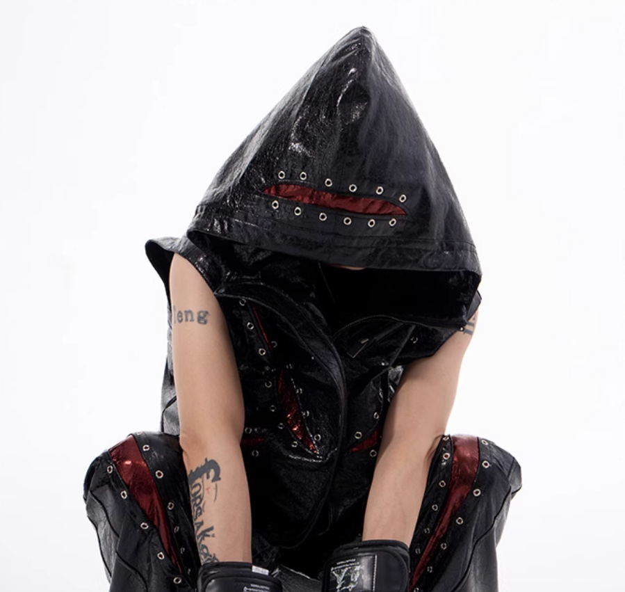 Dark Sleeveless Hooded Vest Coat