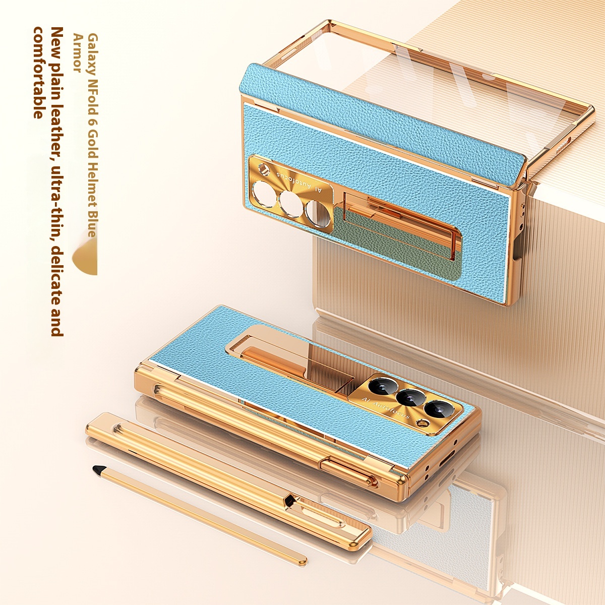 All-inclusive Electroplating Plain Leather Double Hinge Phone Case Hard Case With Pen Slot