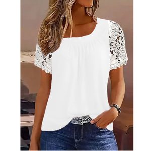 Womens Lace Short Sleeve Crew Neck T Shirts Summer Casual Tops Loose Fit Tees Blouses
