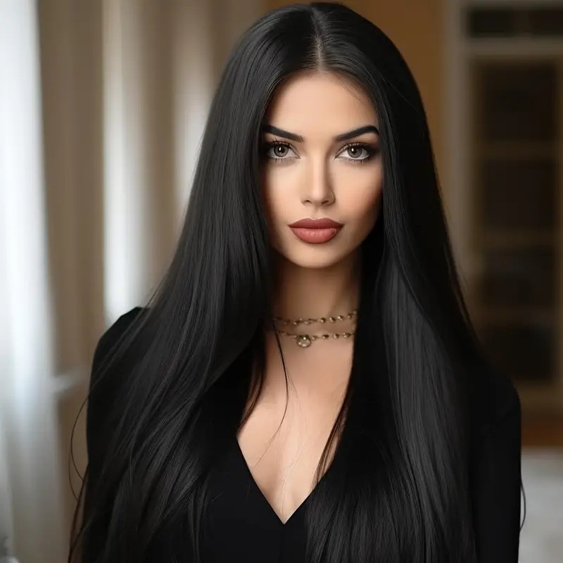 Mid-length Long Hair Black Long Straight Daily Full-head Wig Style