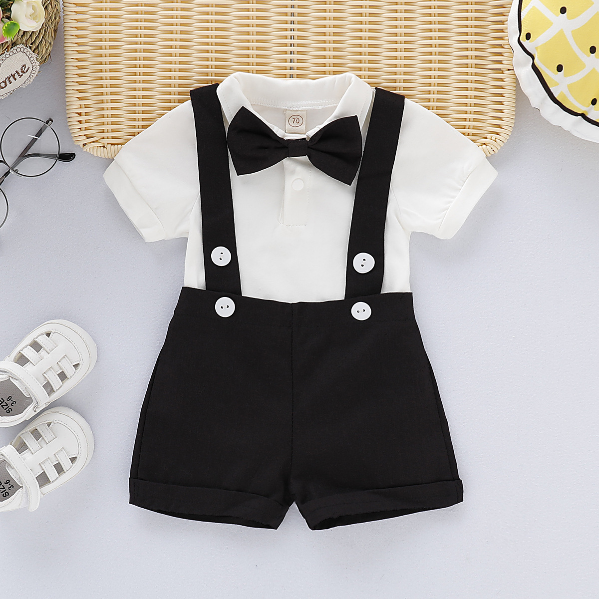 Baby Romper Bow Tie Overall Dress Set