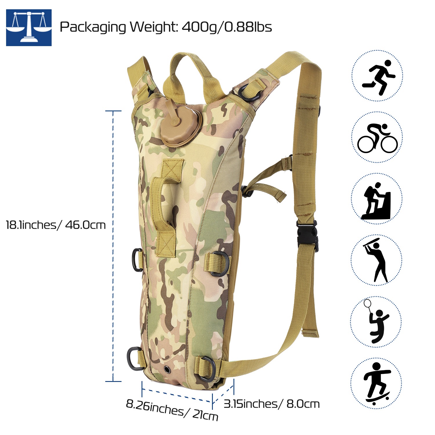 1Pc 3L Tactical Hydration Pack Water Bladder Adjustable Water Drink Backpack For Hiking Cycling Climbing Running