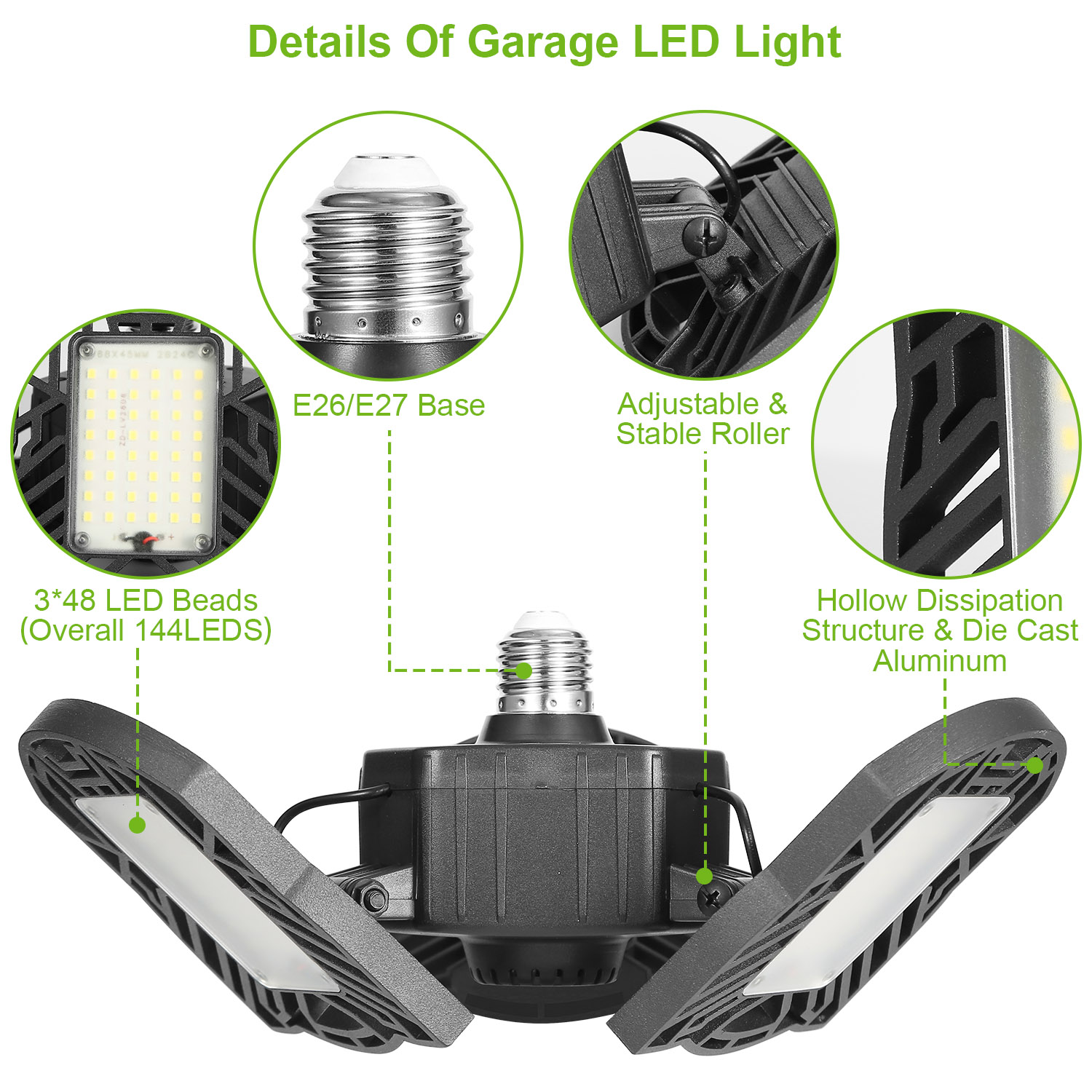 LED Garage Light E26 E27 80W 7000LM 6500K Garage Ceiling Light Deformable Workshop Lamp Die Cast Aluminum LED Ceiling Light Bulbs With 3 Adjustable Panels For Barn Shop Warehouse Workshop C