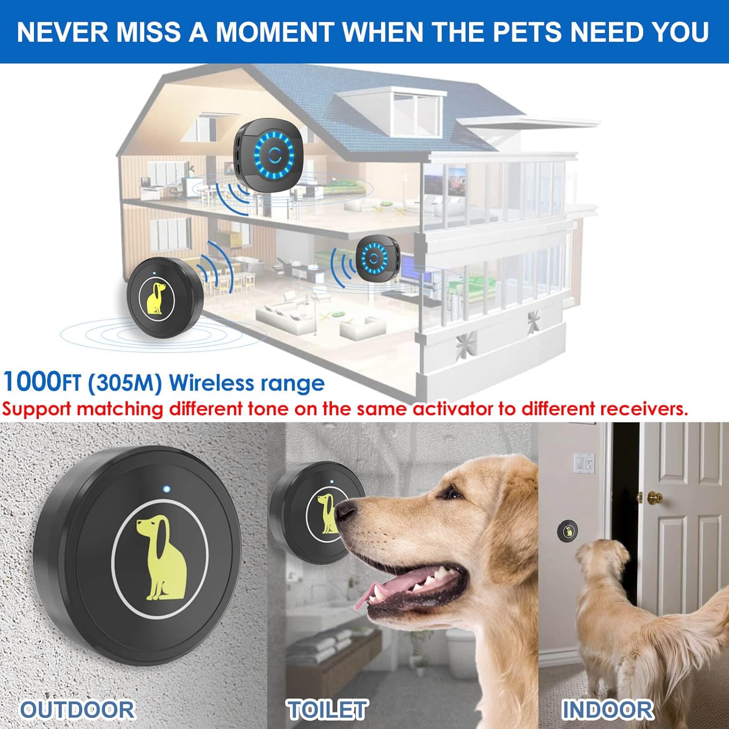 Dog Door Bell, Dog Bell For Training Doggie Door Bell For Dog Puppy Training Sliding Door,Go Outside Doorbell And Waterproof Touch Button