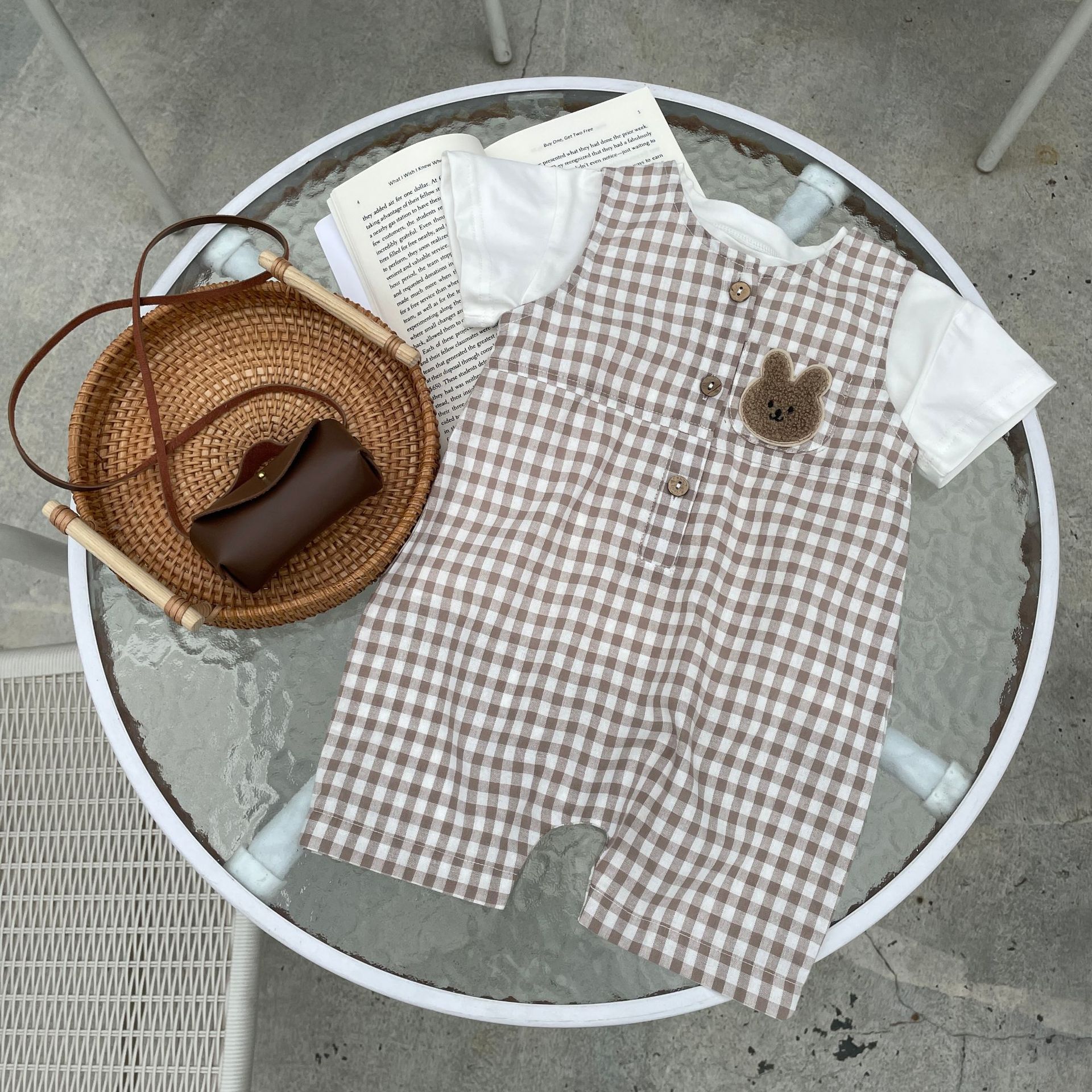 Summer New Thin Type Sleeveless Leotard Baby Boy Plaid Chest Bear Vest Bodysuit Romper