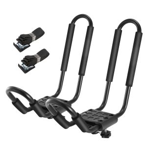 1 Pair Universal J-Bar Kayak Carrier 220LBS Load Heavy Duty Canoe Car Top Mount Carrier Roof Rack With 2Pcs Tie Down Straps