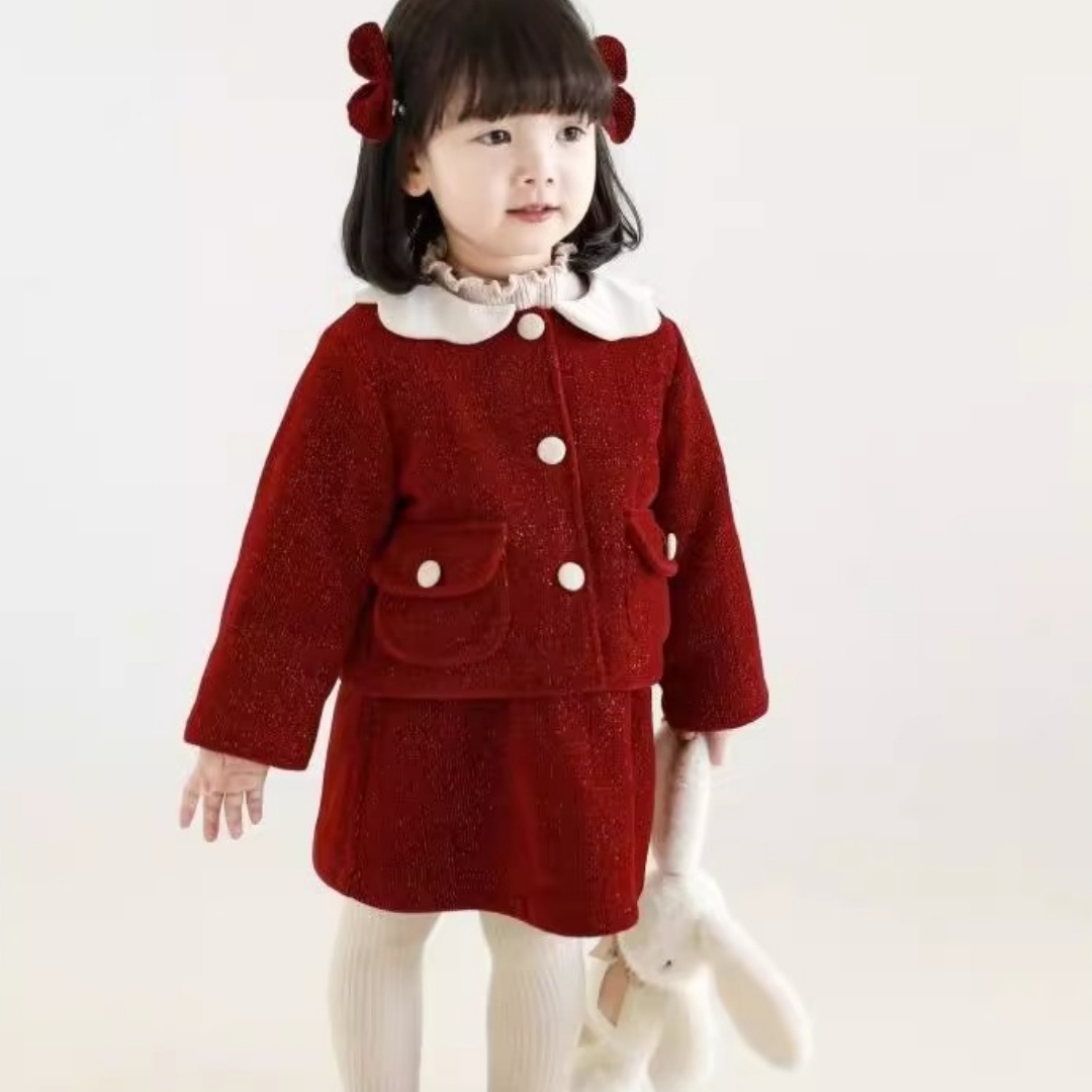 New Year Girl's Bright Silk Bow Fleece-lined Suspender Skirt Keep Baby Warm Coat Casual Fashion Red Skirt Fashion